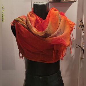 Orange and Green Floral Print Fringed Scarf